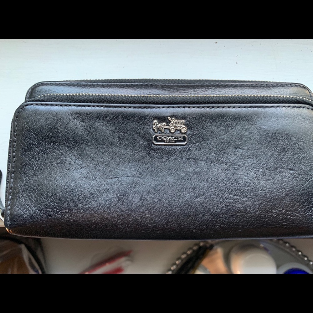 Black leather two zip pocket wallet